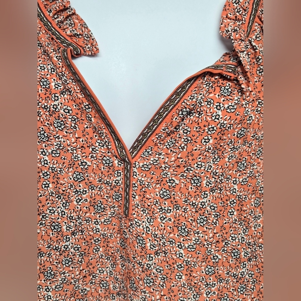 Max Studio 2X Top Lightweight V Neck Ruffled Trim & Sleeve Orange Floral Flowy - Picture 3 of 7